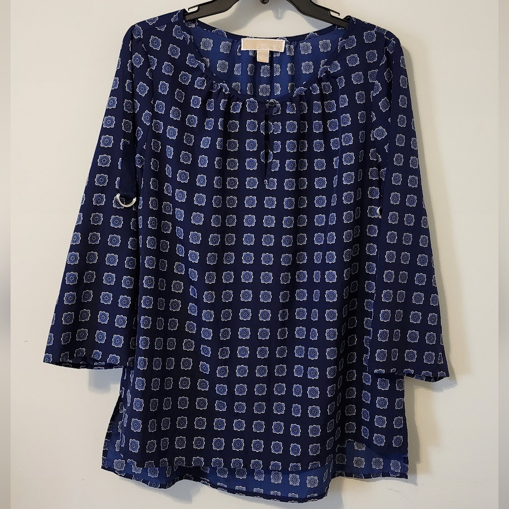 Michael Kors Navy Blue Patterned Blouse 3/4 Sleeve Size Large